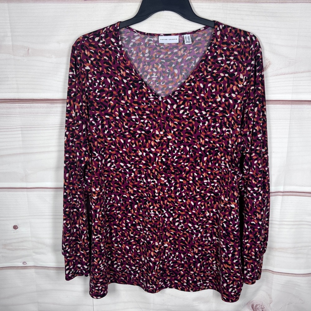 Susan Graver Top Womens 2X Purple Abstract Liquid Knit V-Neck Long Sleeve Blouse
